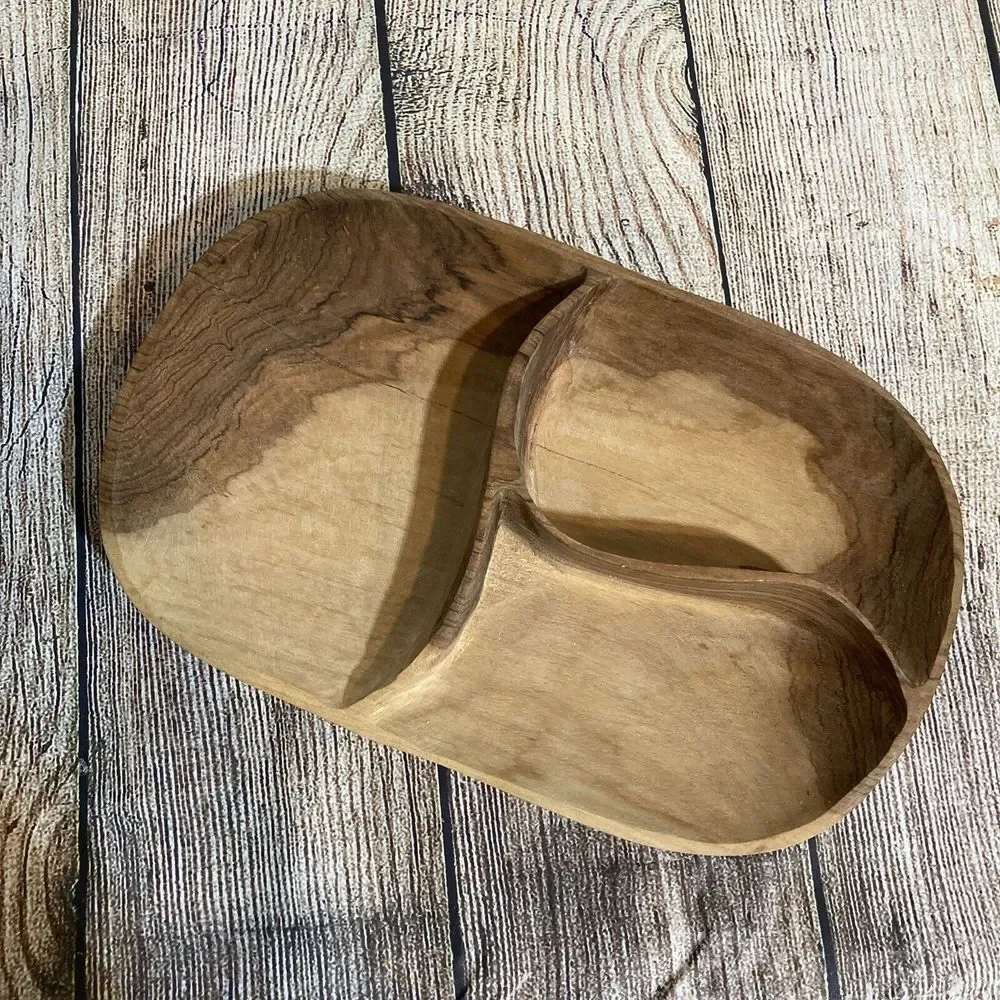 Carved Wooden Serving Tray 3 Section Rustic‎ Primitive Natural
